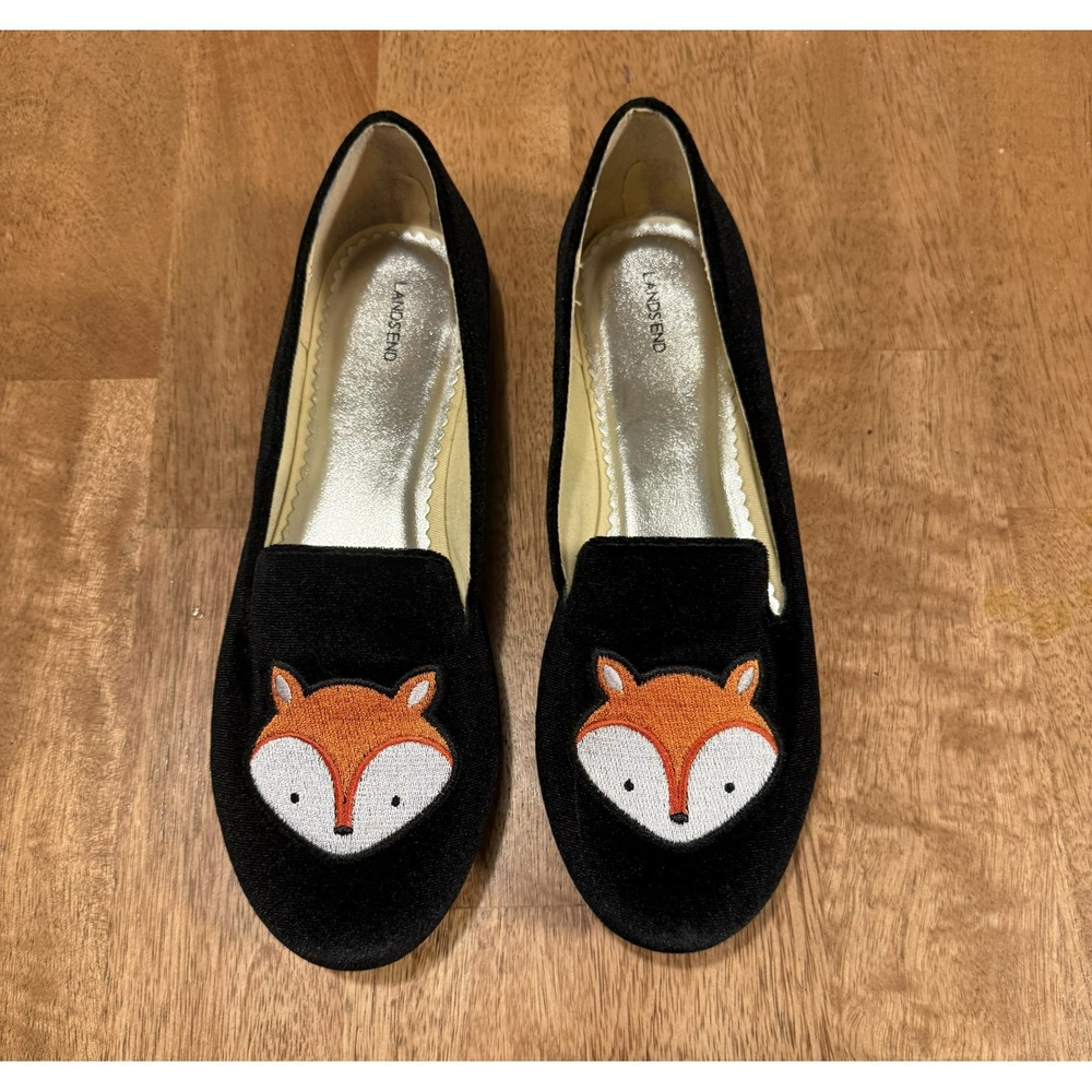 Lands' End Black Velvet Fox Loafers Embroidered Slip-On Flats- Girls Size 8